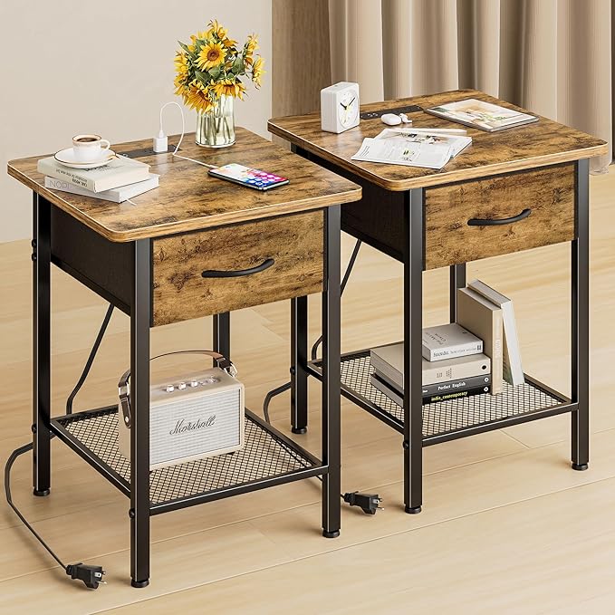 Nightstands Set of 2 with Charging Station and Fabric Storage Drawer,16.5" x 15.8" Side