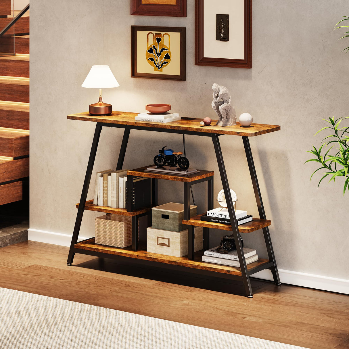 BedsPick 47.3" Console Table with Outlet, Entryway Table with 4-Tier Storage Shelves, Narrow Sofa Table with Charging Station, Couch Table Behind Sofa for Entryway, Hallway, Living Room, Rustic Brown