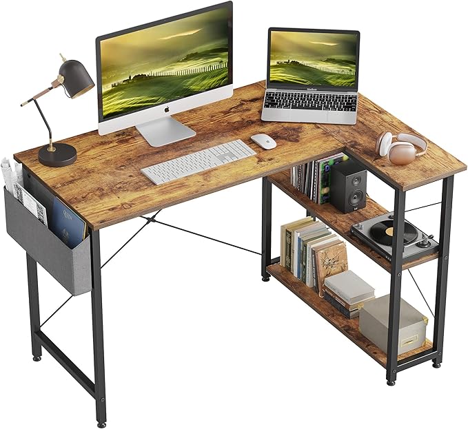 L Shaped Desk, 40 Inch Computer Desk with Reversible Storage Shelves Home Office Corner Desk Study Writing Table, Deep Brown