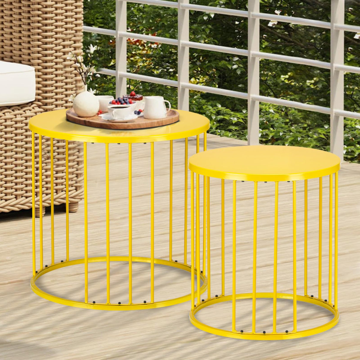 LEWIS&WAYNE Outdoor Side Table Set of 2, Metal Circle Accent End Tables for Balcony Backyard Garden Indoor Living Room, Durable Black Nesting Coffee Tables, 20”+16” Dia - Bircata