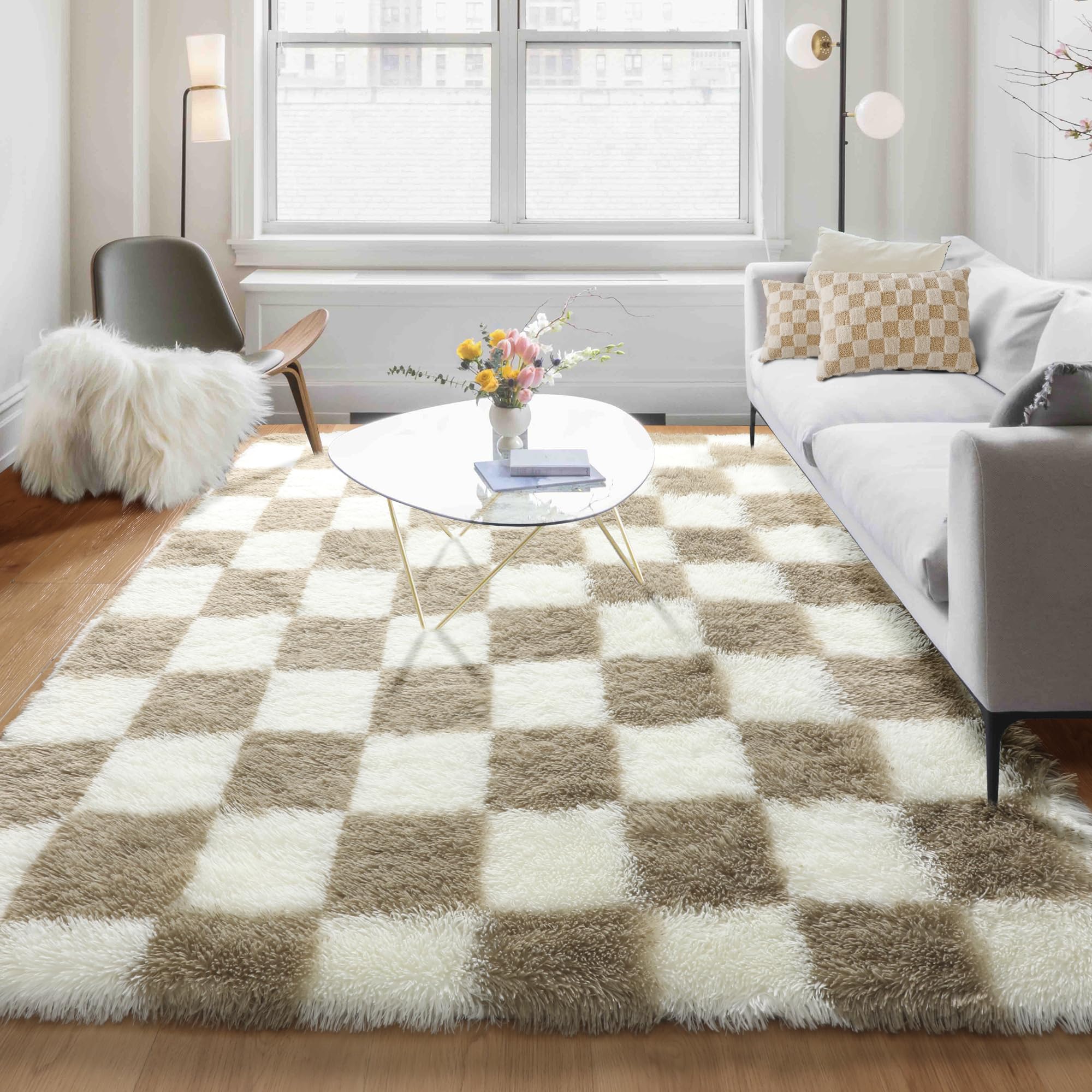 KICMOR 5x8 Beige and Cream White Rugs Living Room Carpets, Large Fluffy Shag Fuzzy Checkered Area Rug for Bedroom Aesthetic, Soft Plush Shaggy Rug for Nursery, Playroom, Teen Dorm Room Home Decor