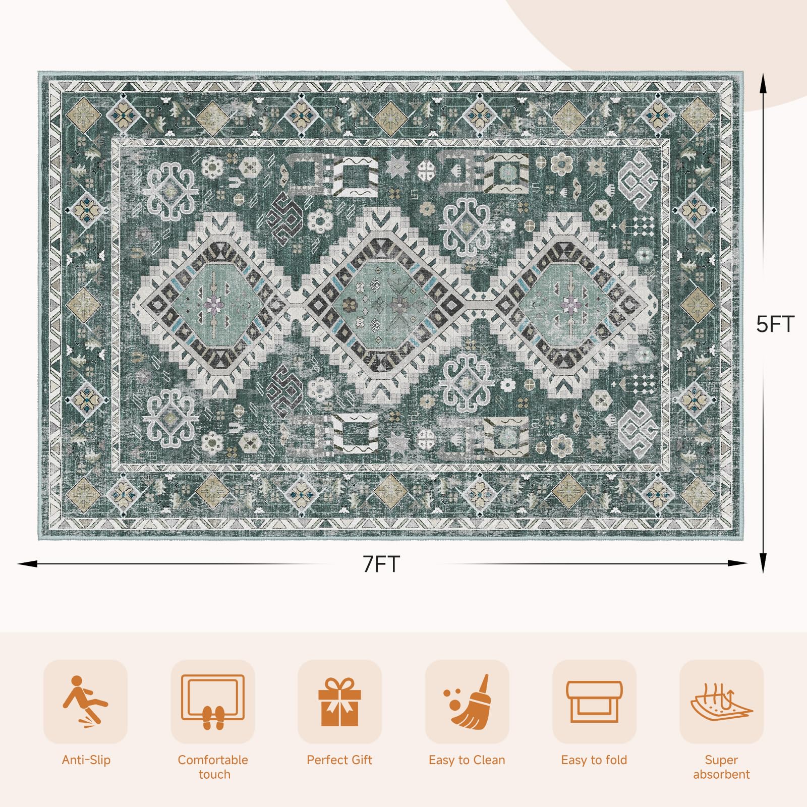 Washable Rugs Area Rugs - 5x7 Washable Area Rugs for Living Room Bedroom Dining Room Kitchen Non-Slip Rugs,
