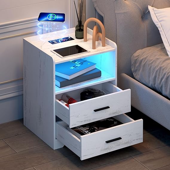 Black LED Nightstand with Charging Station, Night Stands with 24-color RGB LED Lights