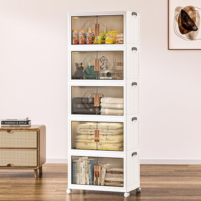 16 Gal Stackable Storage Bins with Lid, 5 Pack Plastic Collapsible Storage Cabinet