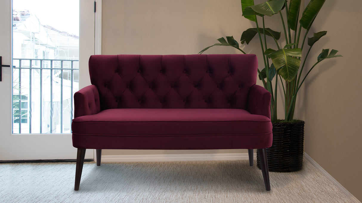 Mia Button Tufted Recessed Arm Accent Settee, Burgundy