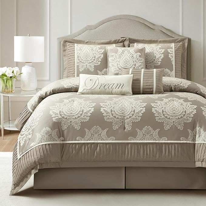 Sage California King Comforter Set 7 Pieces, Jacquard Woven with Damask, Bedding Set