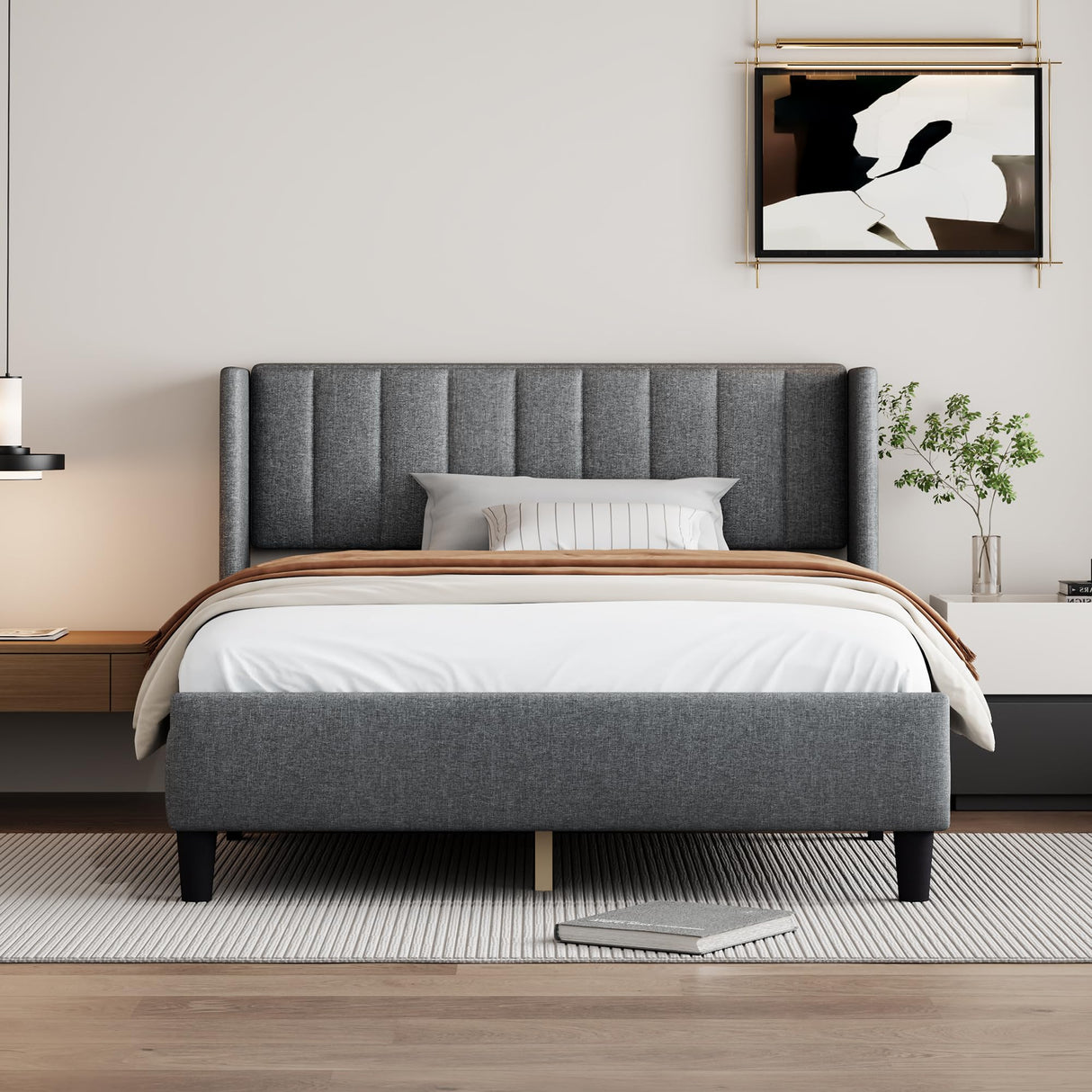 Bed Frame Queen Upholstered Platform Bed with Fabric Headboard