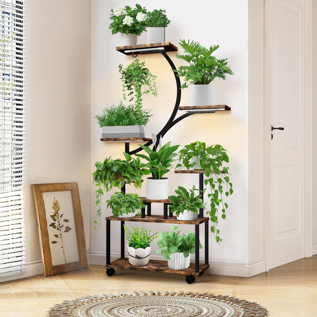 VerdantGlow 8-Tier Indoor Plant Stand with LED Grow Lights & Wheels