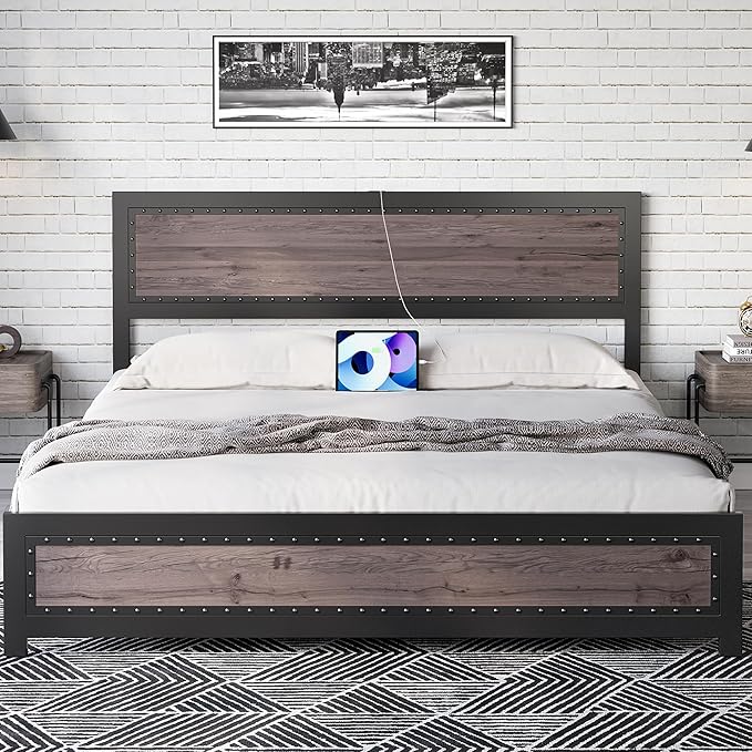 Full Size Bed Frame, Platform Bed Frame with Charging Station