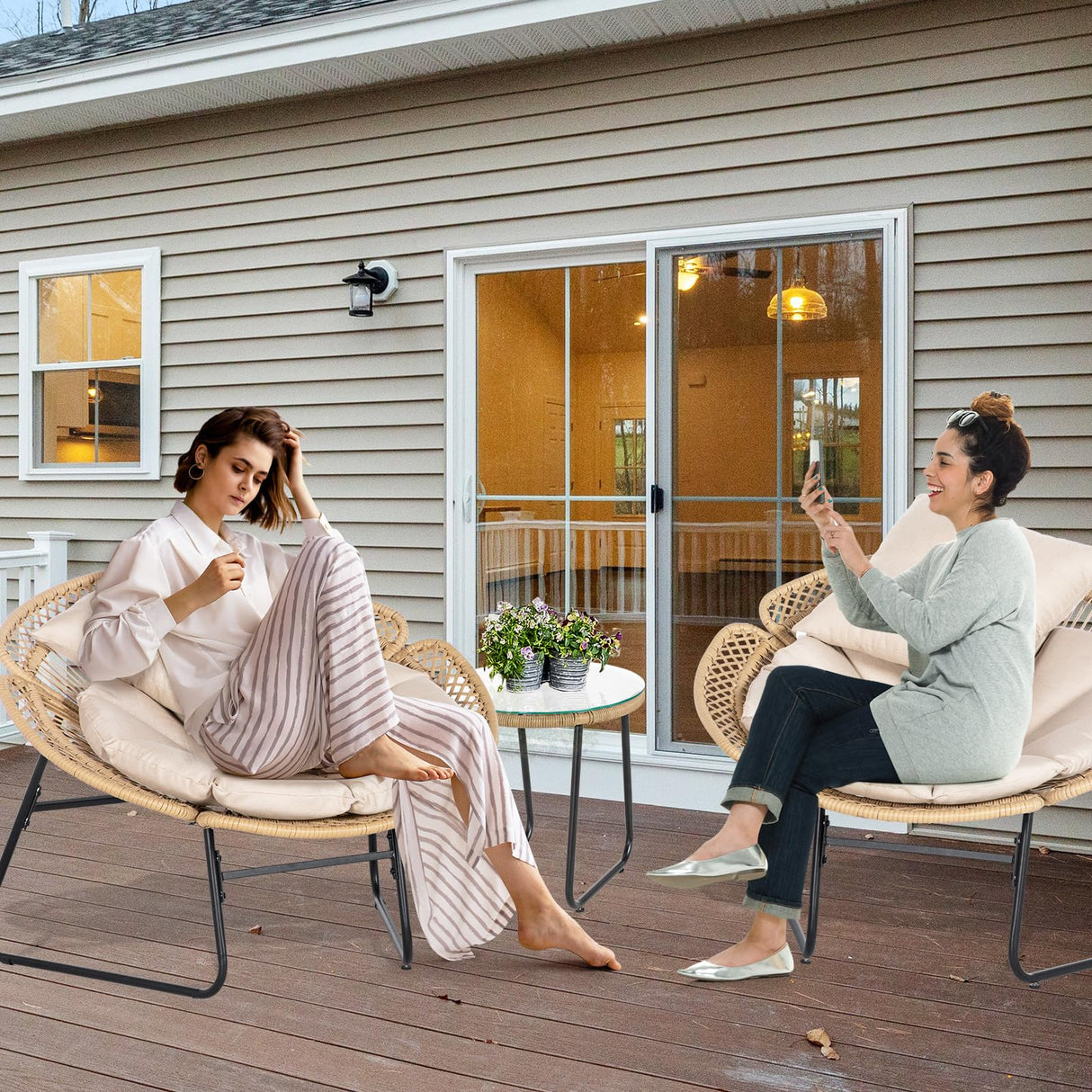 3 Pieces Rattan Bistro Set, Flower-Shaped Wicker Patio Furniture Set with Cushion & Pillow