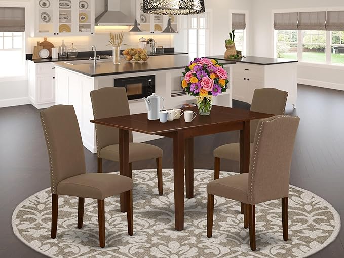 5 Piece Dining Set Includes a Rectangle Dining Room Table with Dropleaf and 4 Linen Fabric