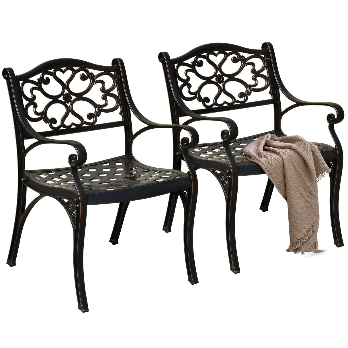 Set of 2 Outdoor Cast Aluminum Outdoor Chairs with Armrest