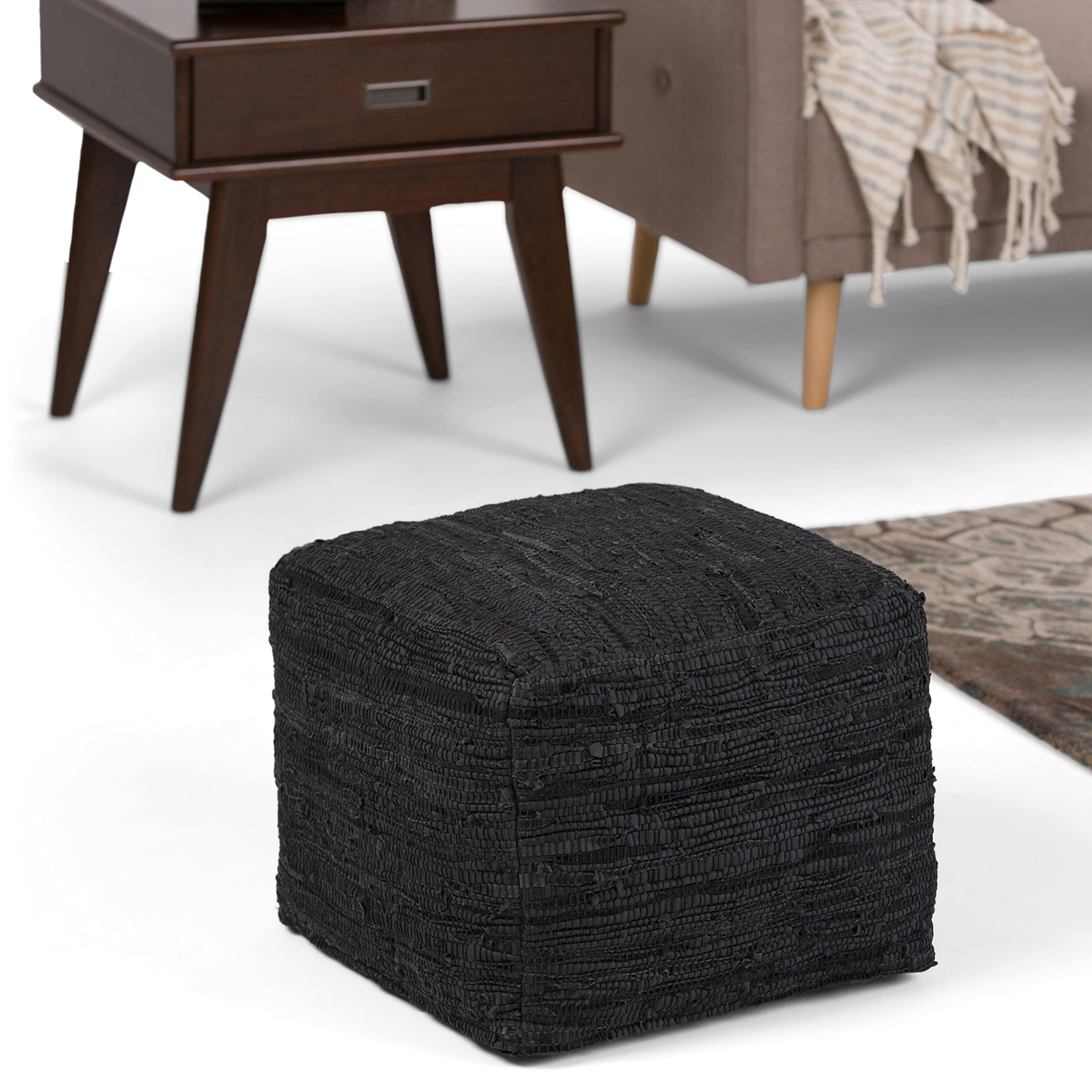 Fredrik Boho Square Pouf in Black Woven Genuine Leather for the Living Room, Bedroom