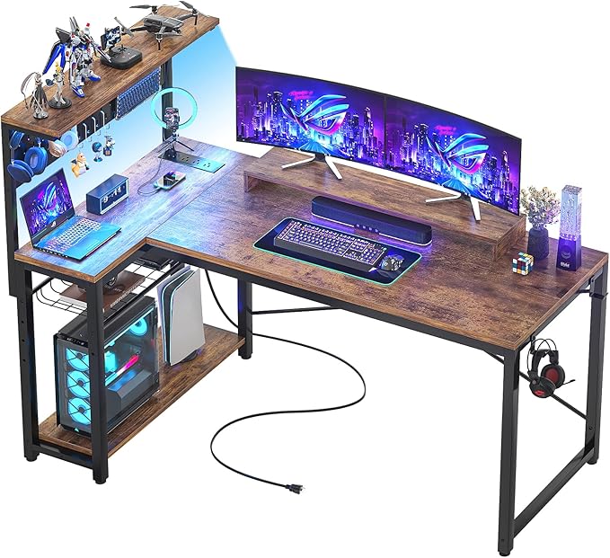 Small Gaming Desk with Power Outlets Pegboard LED Light, 43 Inch L Shaped Computer