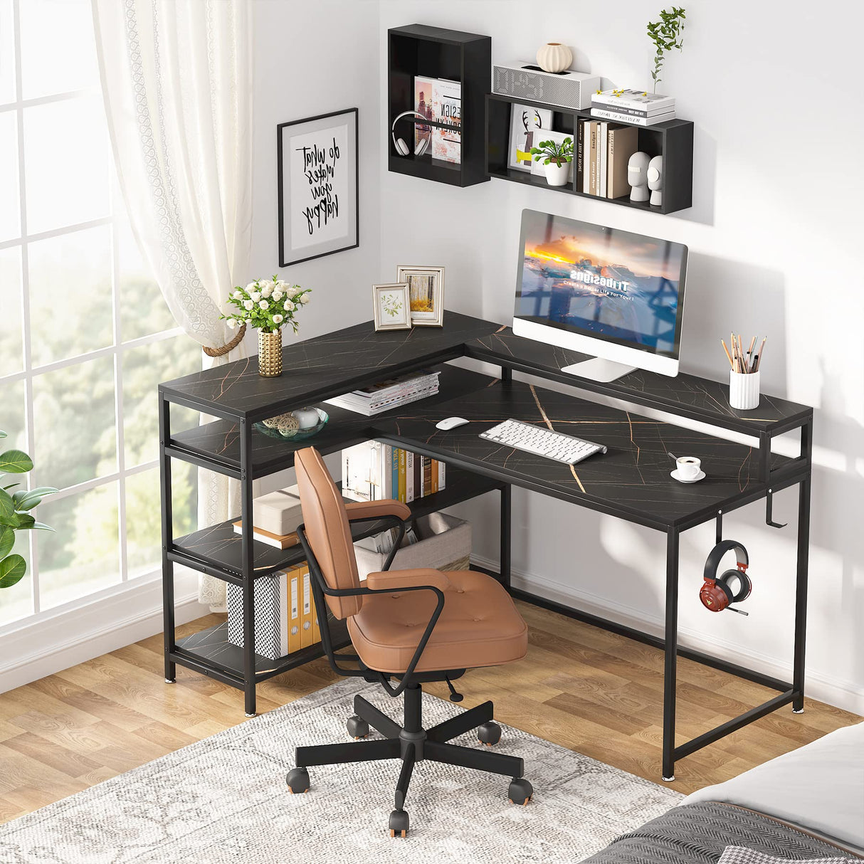 Tribesigns 53 Inch Reversible L Shaped Desk with Storage Shelf, Modern Black Marble Corner Desk with Shelves and Monitor Stand, Gaming Desk for Home Office οΌ53" D x 41" WοΌ