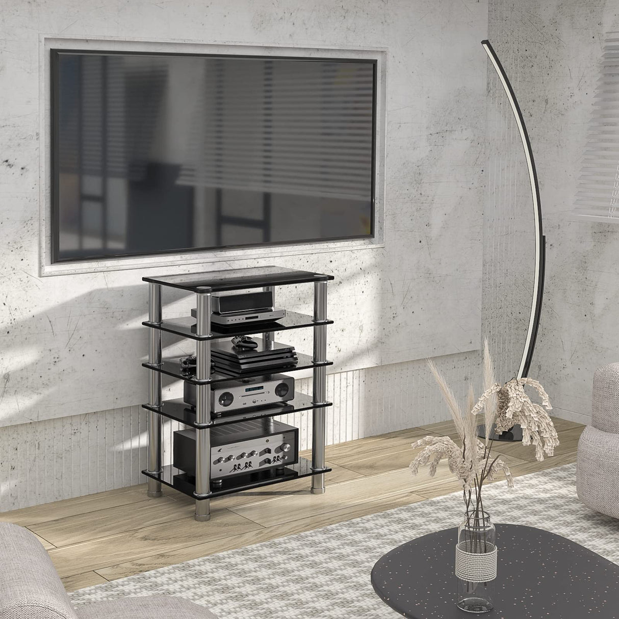Audio-Video Media Stand with 5-Tier Tempered Glass Shelves, Modern AV Cabinet