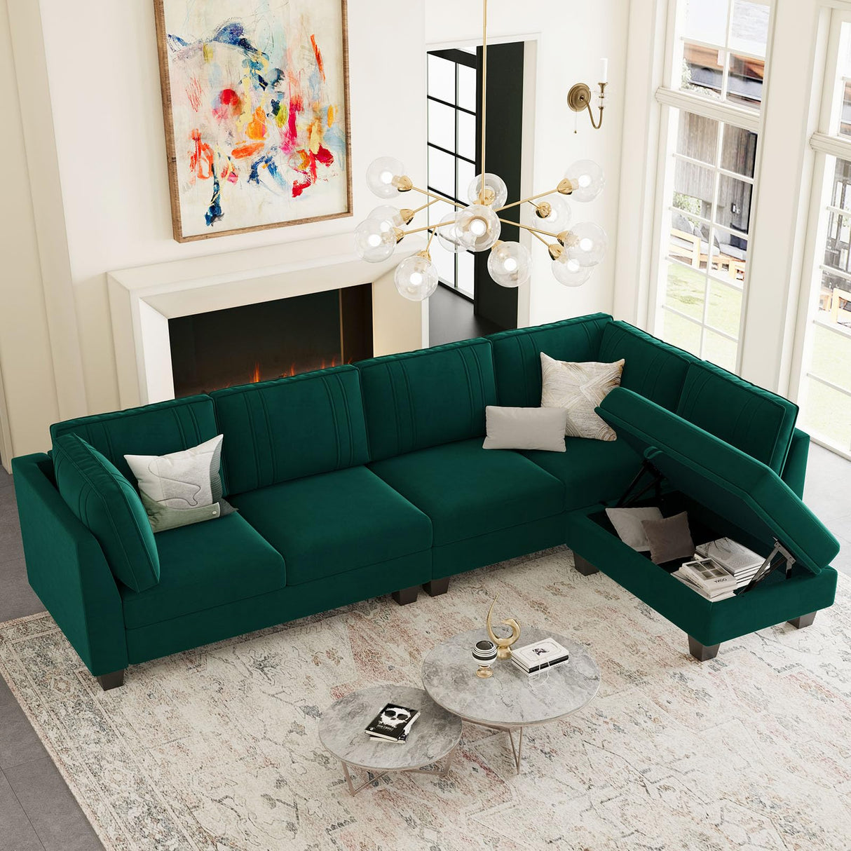 4 Seater Sectional Sofa with Reversible Chaise, Velvet L Shaped Sofa Sectional Couch