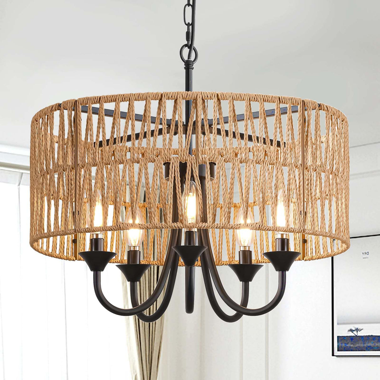 Rattan Chandelier Light Fixtures, 19.6" Hand-Woven Pendant Light with Wicker Shade, 5