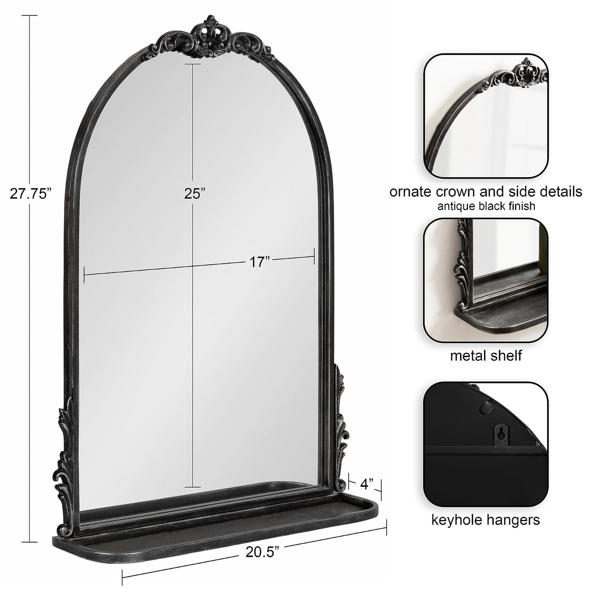 Arched Mirror with Shelf - 21x28 Antique Black