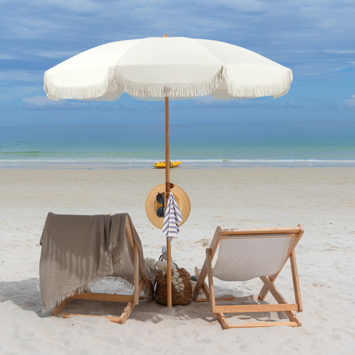 6.5ft Patio Umbrella with Fringe, Beach Umbrella, Fringe Umbrella Outdoor Patio