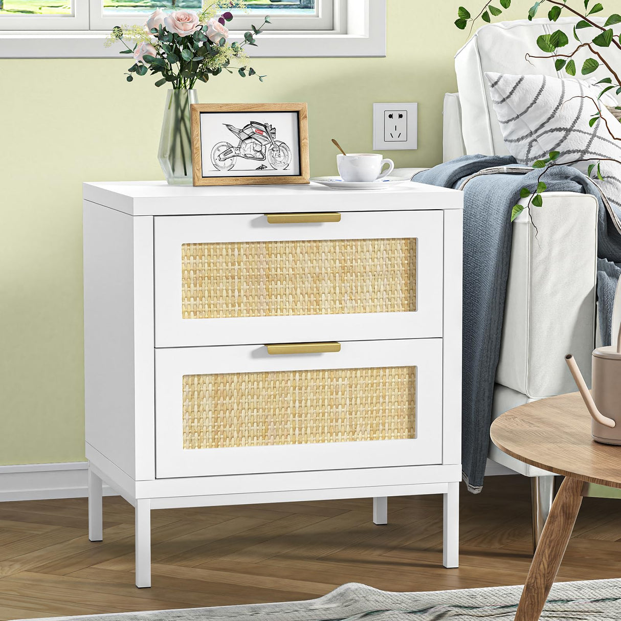 White nightstands with 2 Drawers, Natural Rattan Night Stand