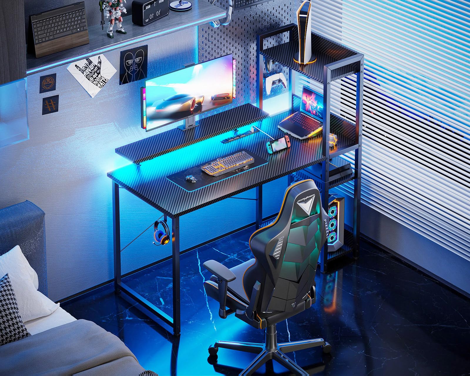 Reversible Gaming Desk with USB Charging Port and LED Lights