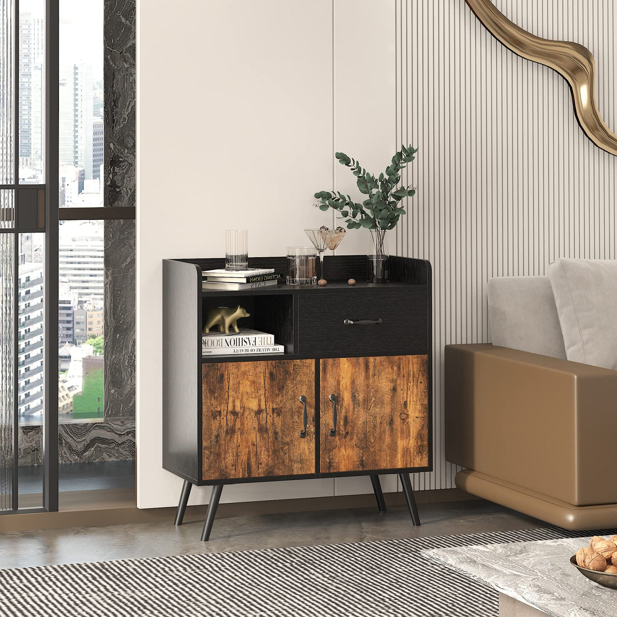 Storage Cabinet with 1 Drawer 2 Doors 1 Open Shelves, Free Standing Cupboard