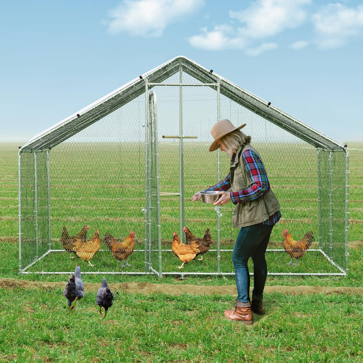 EcoRoost Metal Chicken Coop with Waterproof Roof & PVC Mesh