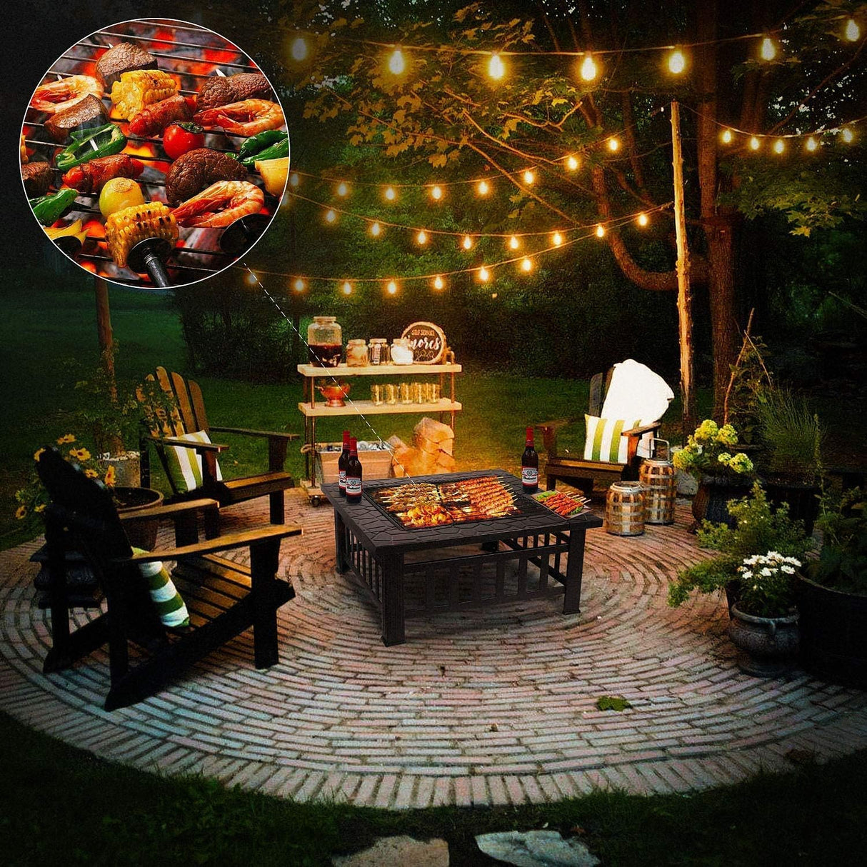 32 Inch Outdoor Metal Fire Pit, Square Wood Burning Firepit with Steel Fire Poker and Cover