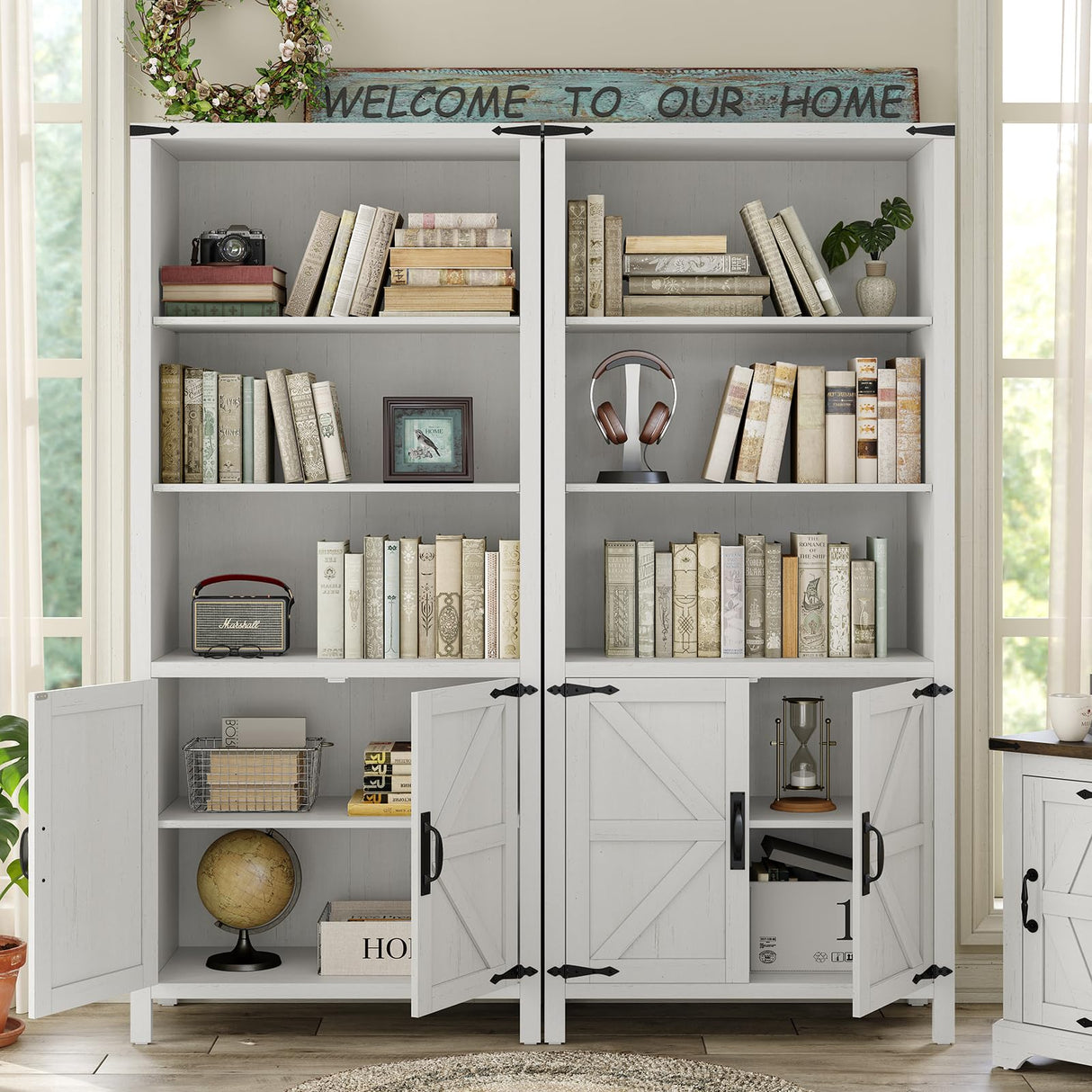 Farmhouse Bookcase and Bookshelf with Doors, 5-Shelf Bookcase Adjustable