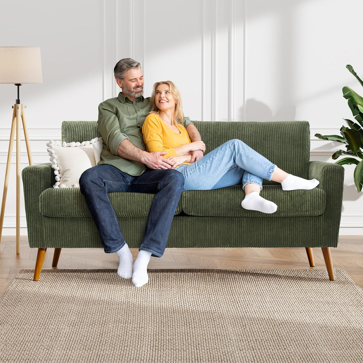 68" Green Corduroy Loveseat Sofa - Mid Century Modern Couch with Spring Cushion