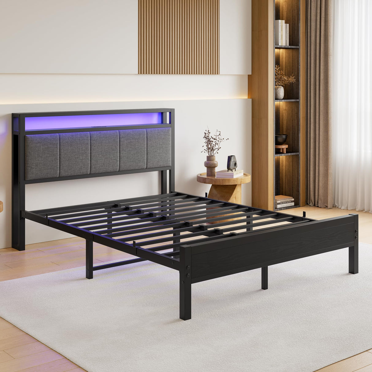Queen Bed Frame with Headboard Storage,Upholstered Platform Bed Frame Queen Size