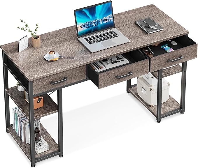 Office Small Computer Desk: Home Table with Fabric Drawers & Storage Shelves