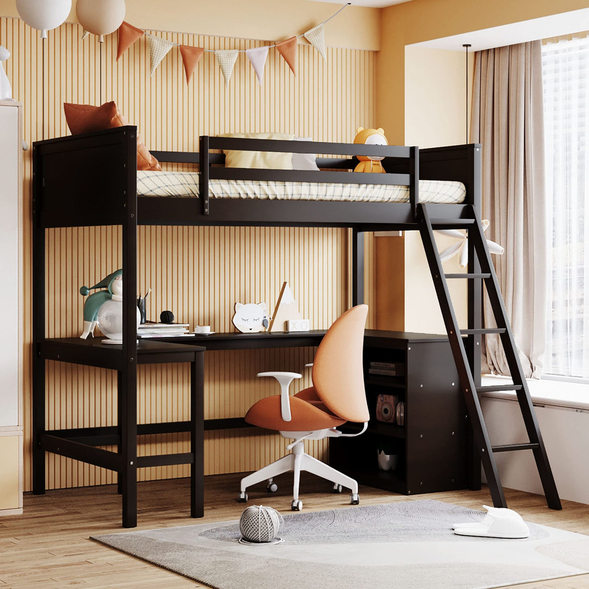 Twin Size, Wood Twin Loft Bed with Desk and Shelves, Loft Bed Twin for Teens and Adults,