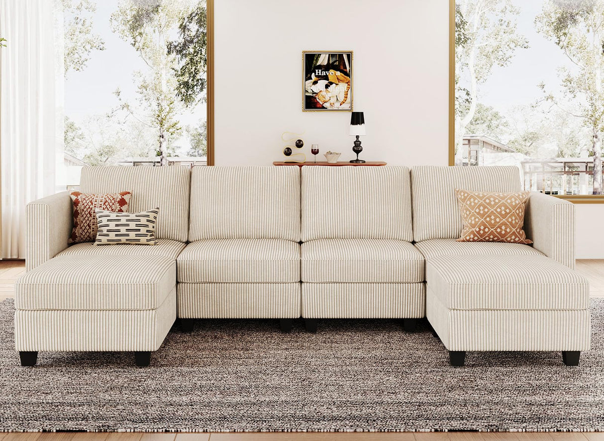 U Shape Couch with Storage Ottoman Corduroy Sectional Couch