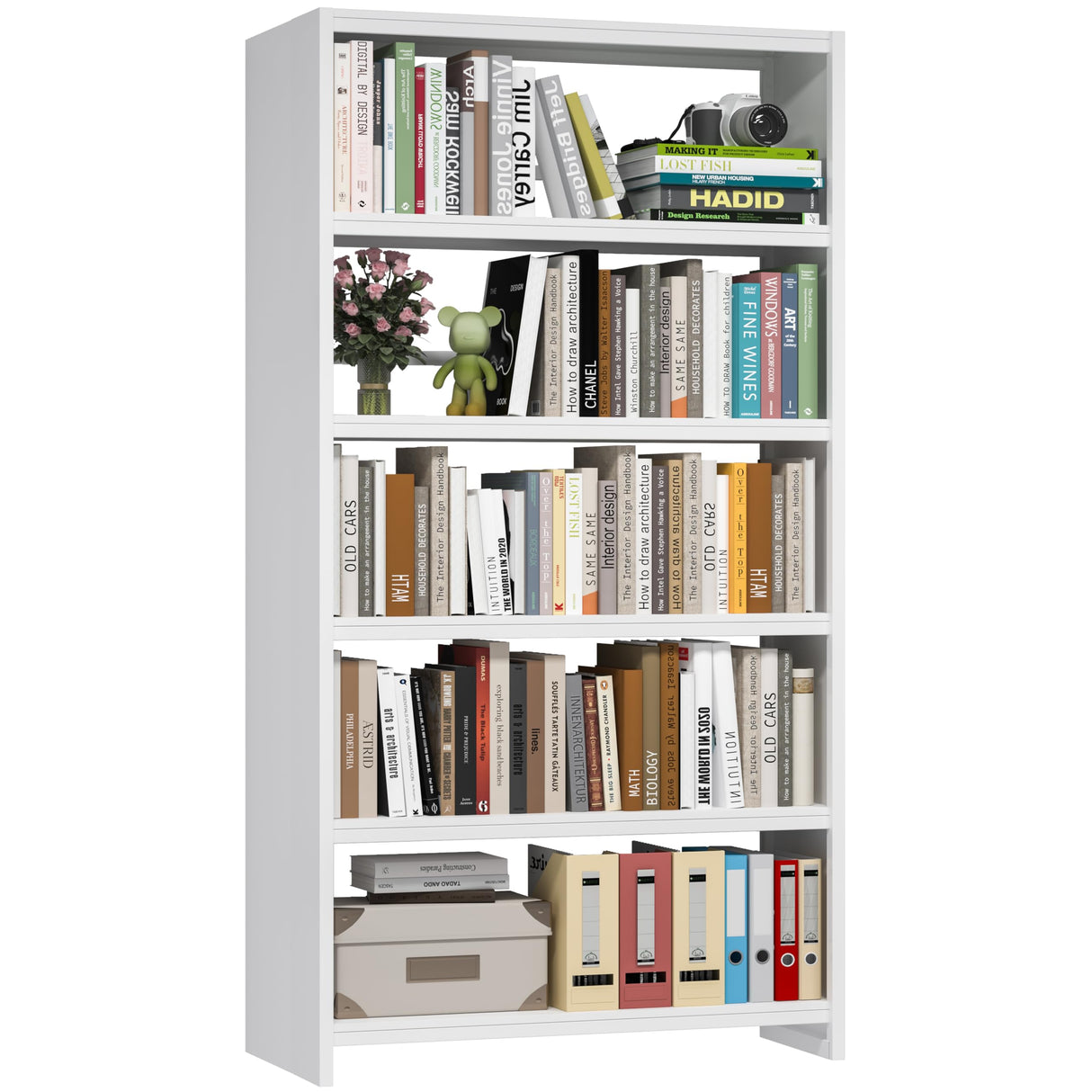 White Bookshelf, 5 Tier Tall Bookcase with Bookend, Large Metal Book Shelf Display Storage