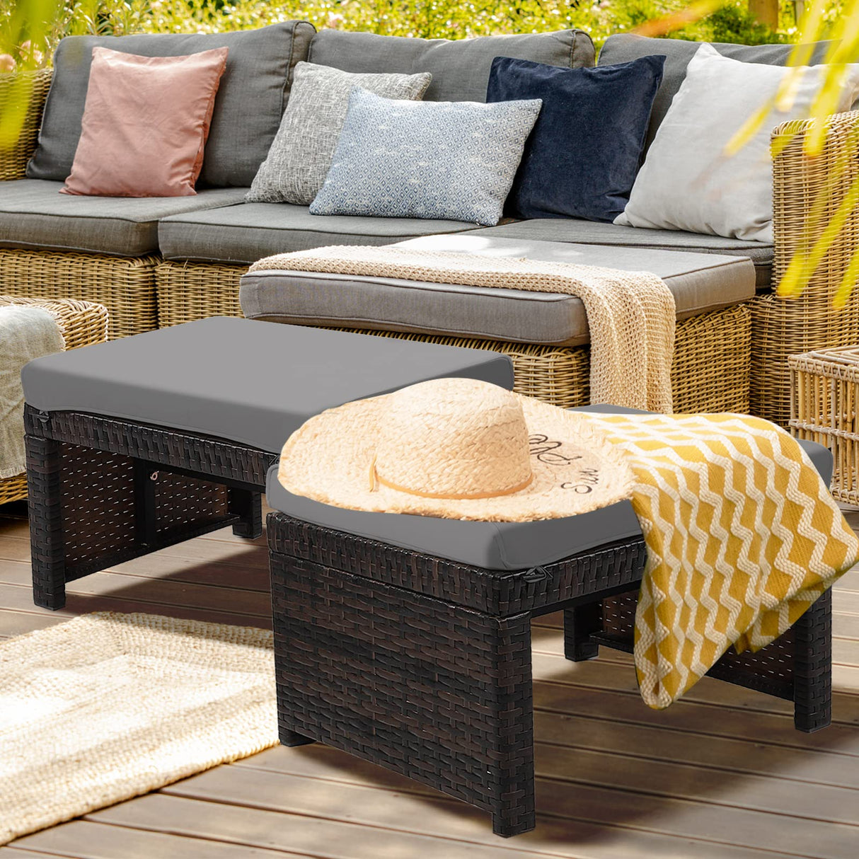 HAPPYGRILL 2 Piece Outdoor Wicker Ottomans, Patio Rattan Footstool with Cushions, Solid Steel Frame, Multifunctional Ottomans for Poolside Backyard Balcony