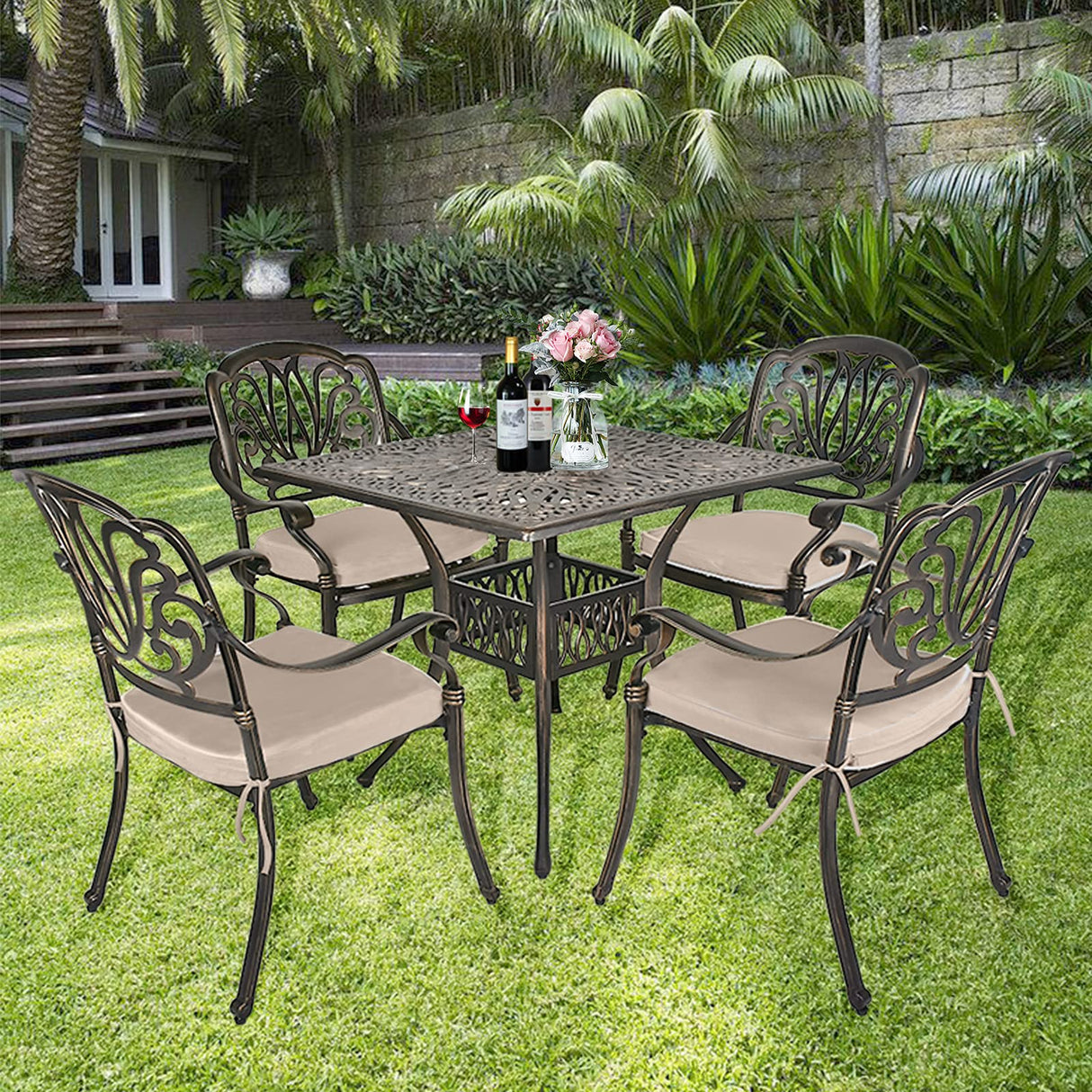 5-Piece Cast Aluminum Outdoor Patio Dining Set, 4 Pattern Chairs and 35.4" Square Table
