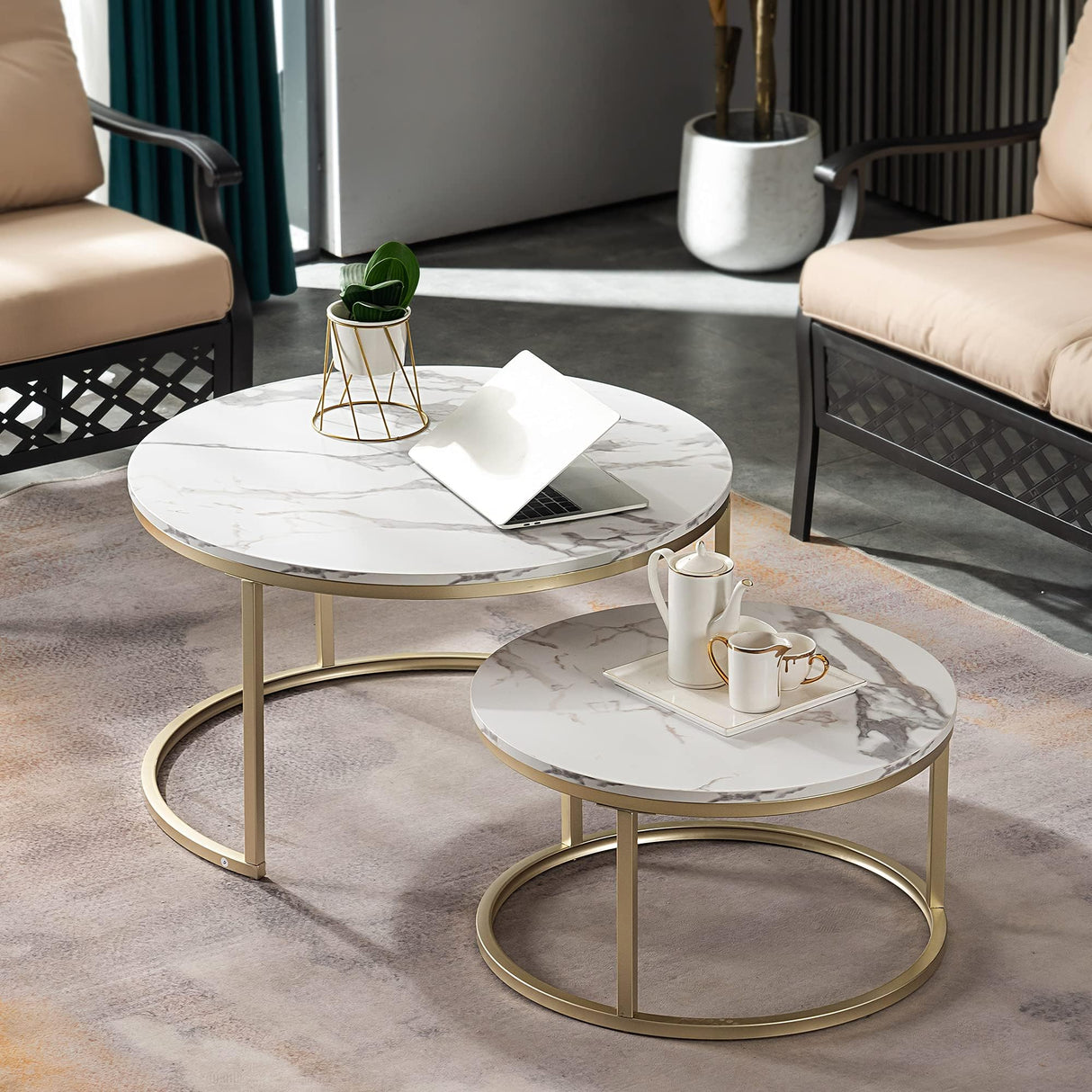 ivinta Modern Round Nesting Coffee Table Set, with 31.5 in White Faux Marble Top and Gold Metal Legs, Accent Wooden Stacking Side Tea Table for Living Room Eagle (White)