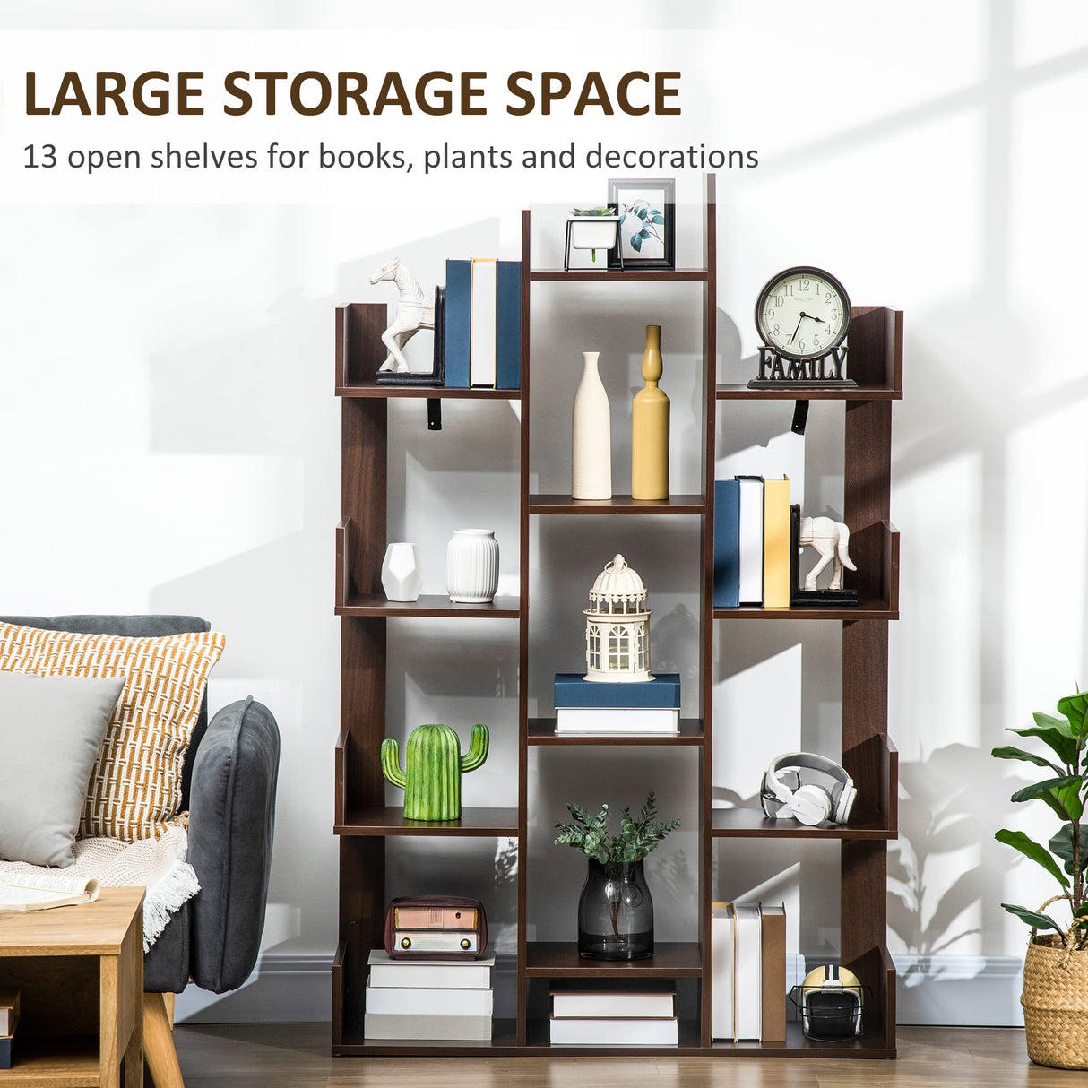 Tree Bookshelf, Modern Freestanding Bookcase with 13 Open Shelves, Display Unit for Living Room, Study or Office, Brown