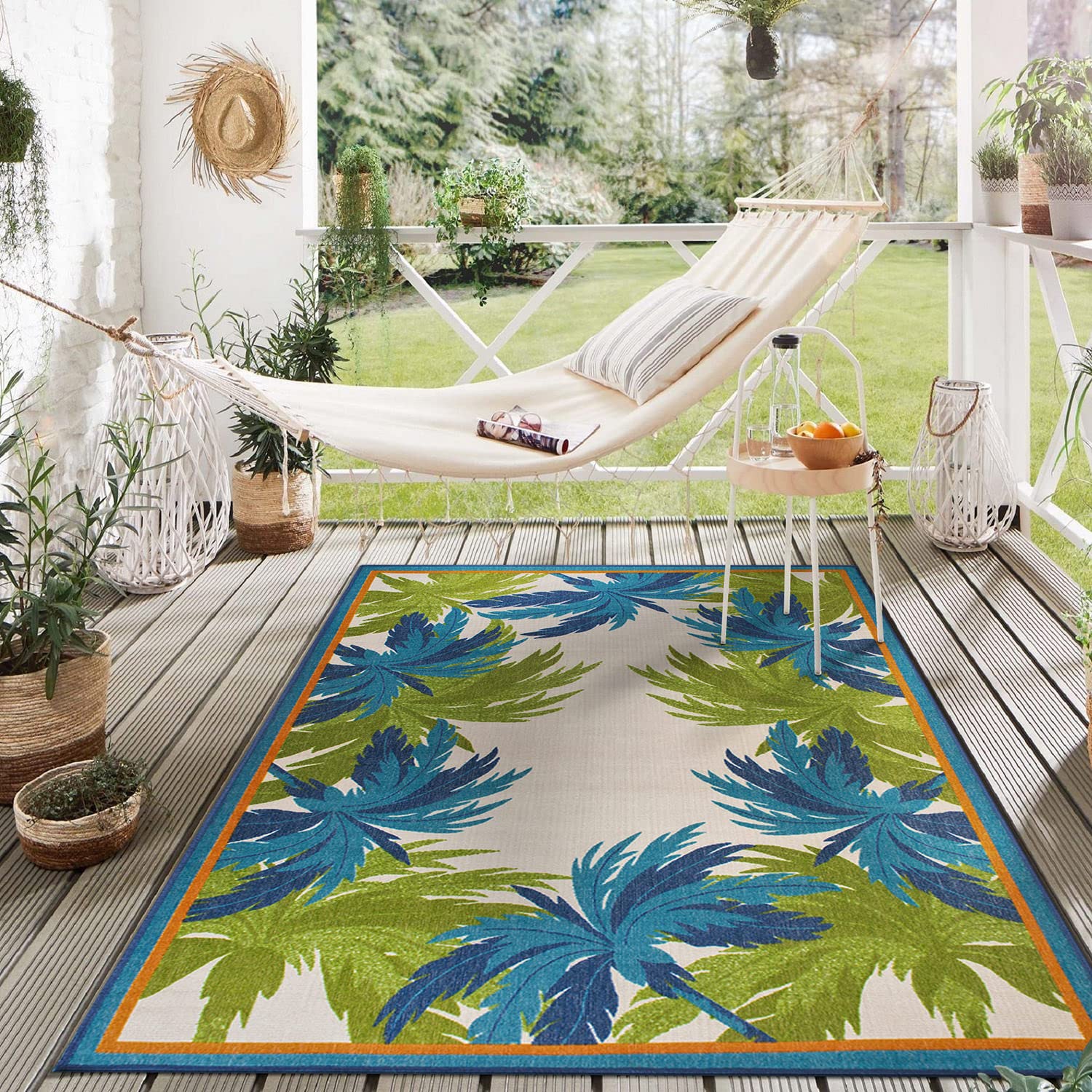 Tropical Floral Border Non-Shedding Outdoor Rugs for Deck,Patio,Backyard Indoor/Outdoor