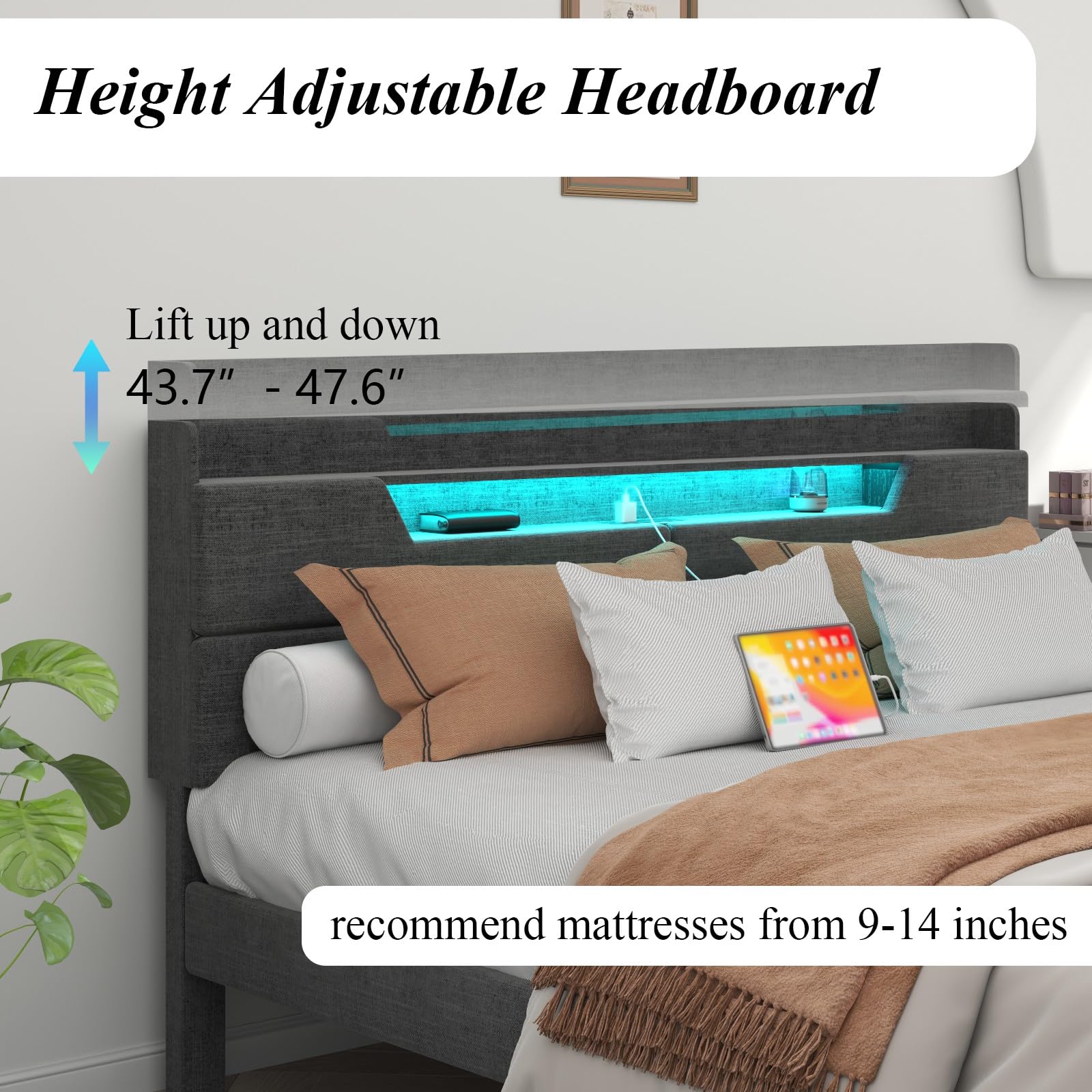 Gyfimoie Upholstered Queen Bed Frame with Adjustable Storage Headboard,