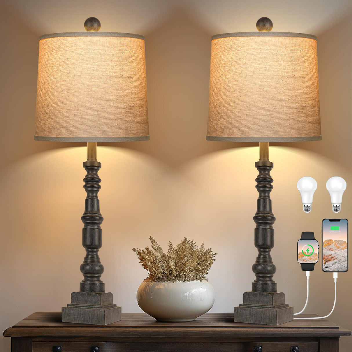 28" Rustic Table Lamps Set of 2 with USB Charging Ports