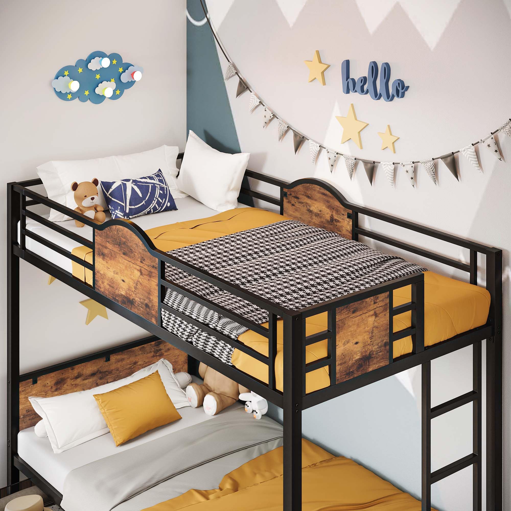 Bunk Bed Twin Over Twin with Ladder and MDF Board Guardrail