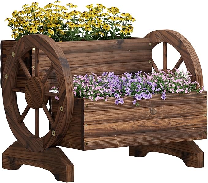 Garden Planter with Wheels, Wooden Wagon Box, Decorative Planter