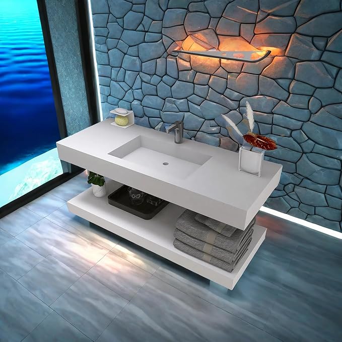 47"x19" Wall Mount Bathroom Vanity ,Bathroom Vanities with Sink Black Stone Resin