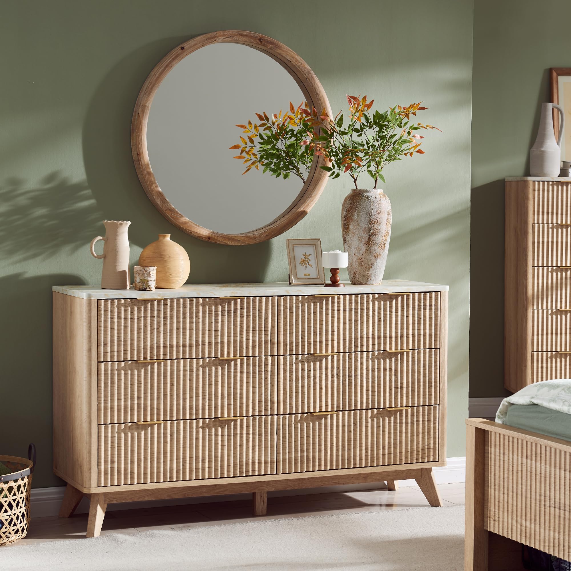 Fluted 6 Drawers Dresser, 54" Wide Modern Chest of Drawers