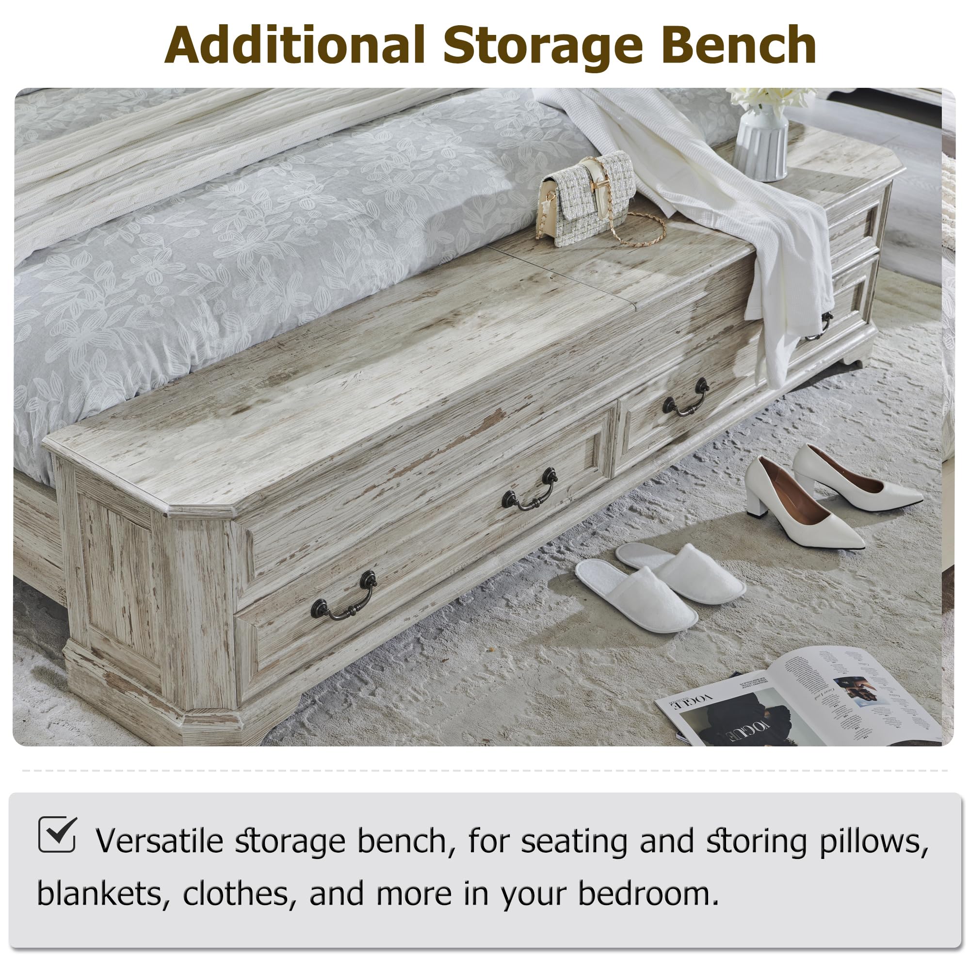 T4TREAM Farmhouse Queen Bed with Headboard & Storage Bench, Rustic Wood Platform Bed w/ 64" Storage Chest & 4 Large Drawer, Distressed White
