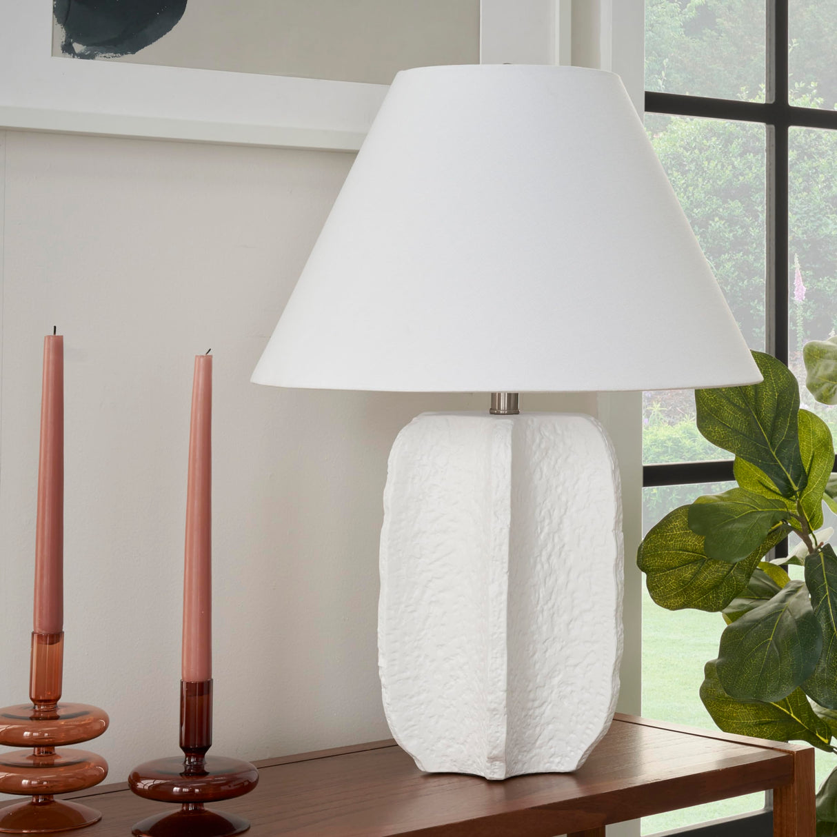 25" White Textured Ceramic Plaster Table Lamp for Bedroom, Living Room