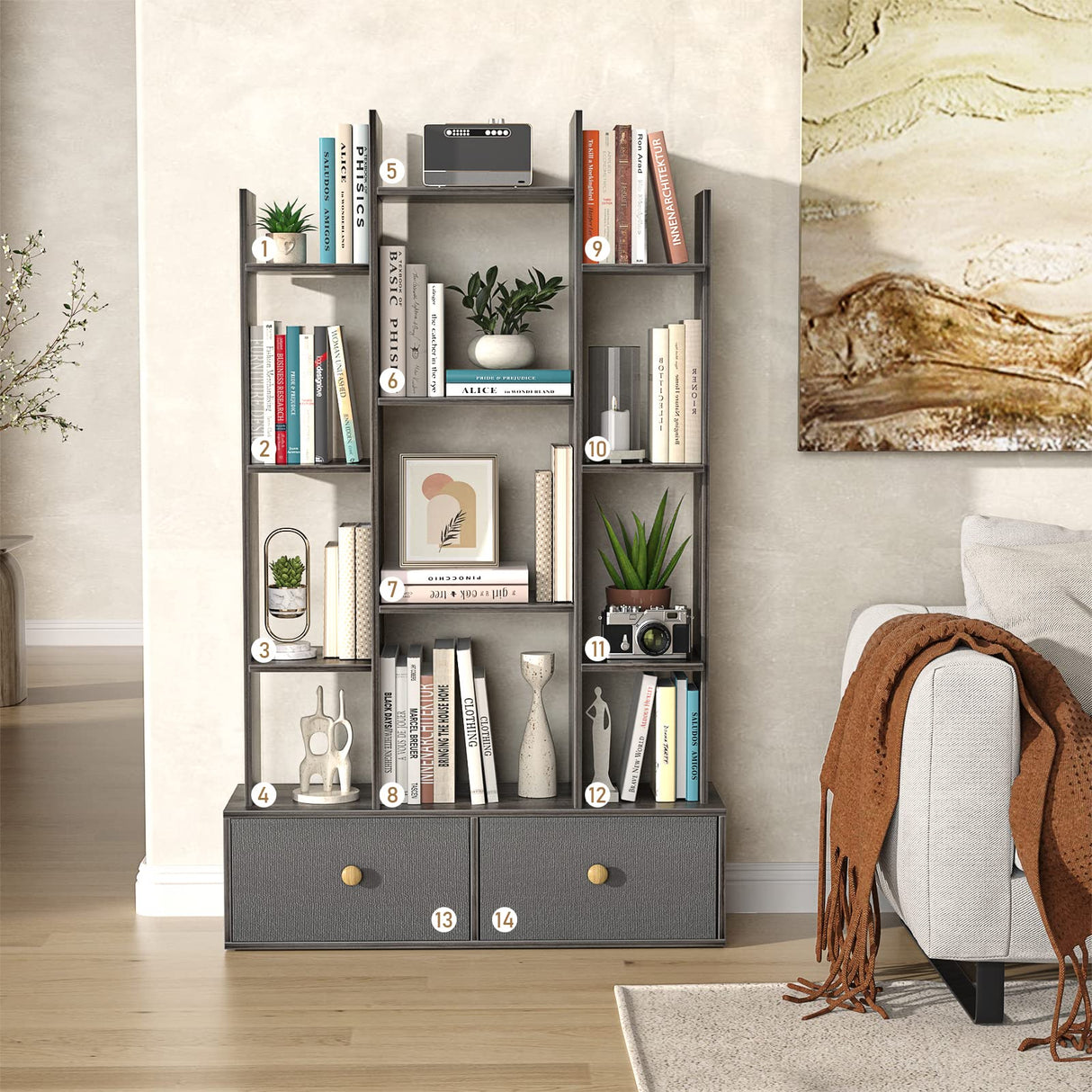 Book Shelf with 2 Drawers Free Standing Bookcase, Office Storage Shelf Organizer